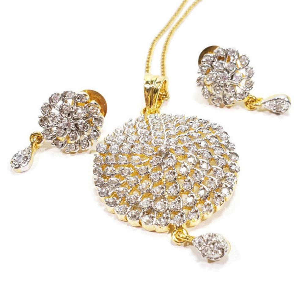Gold Tone CZ Circle Necklace Earring Set 16"